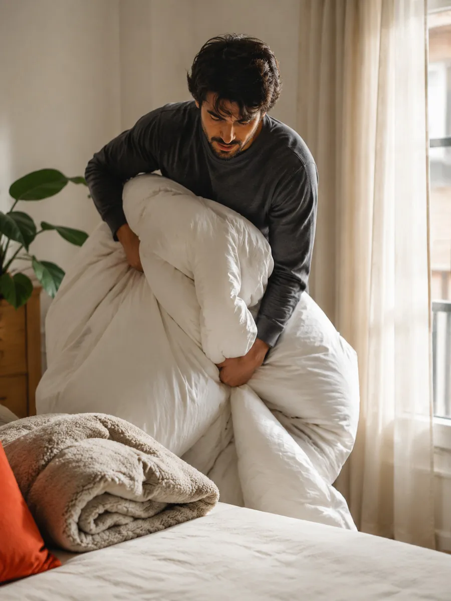 Homme prenant une couette sur le lit pour l'apporter à la laverie