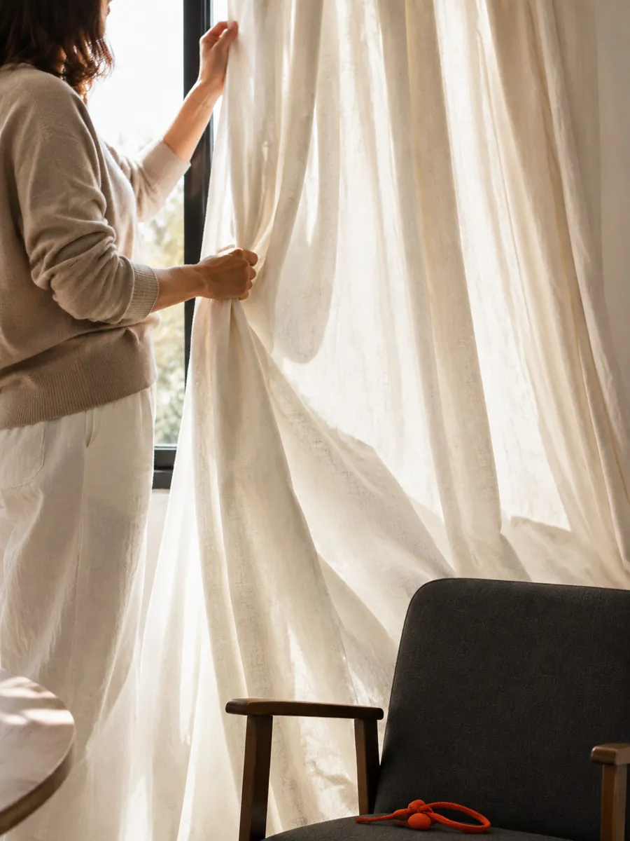 Woman taking down linen curtains by the window