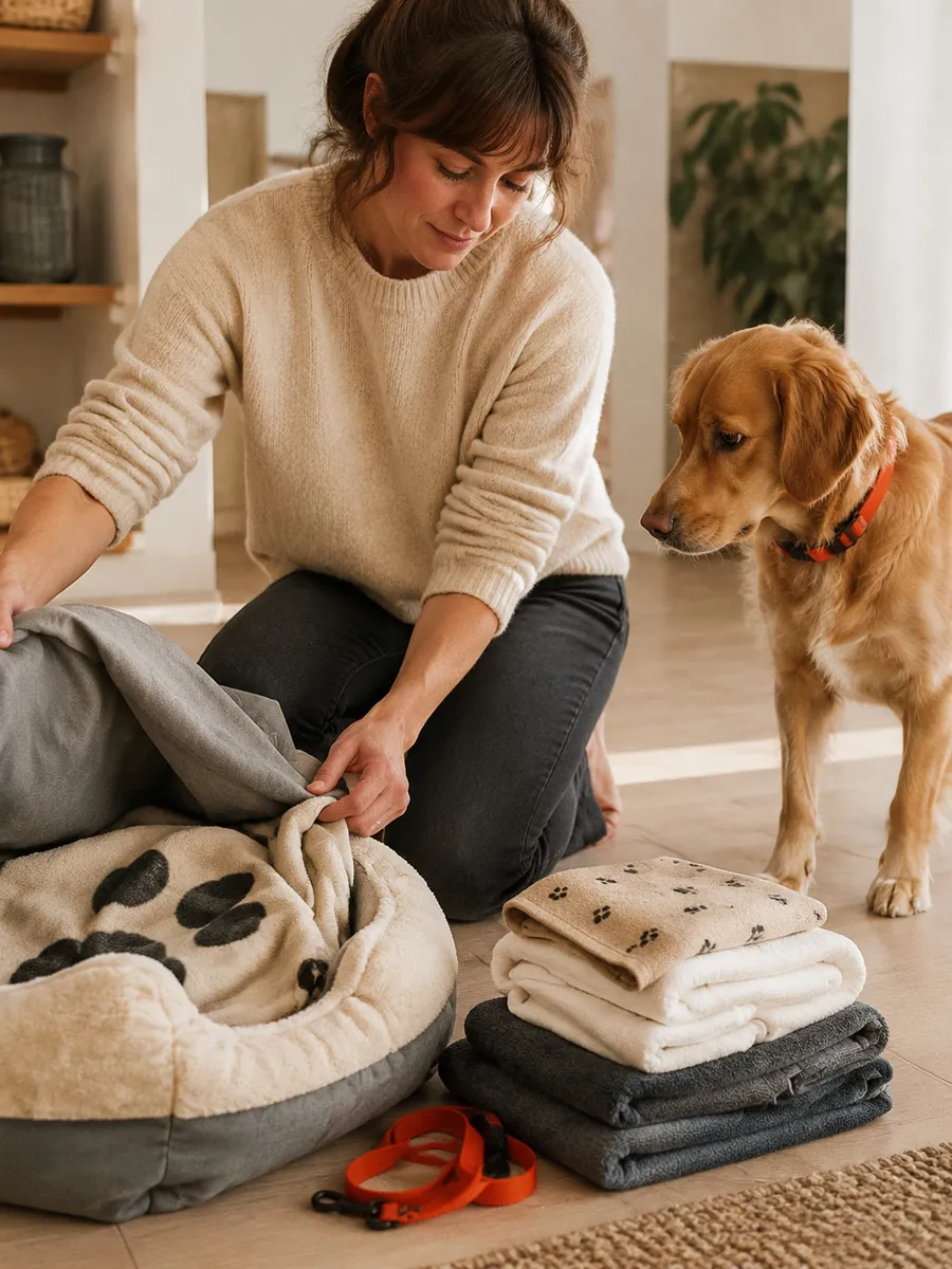 Woman collecting her dog's bed and blankets to wash them
