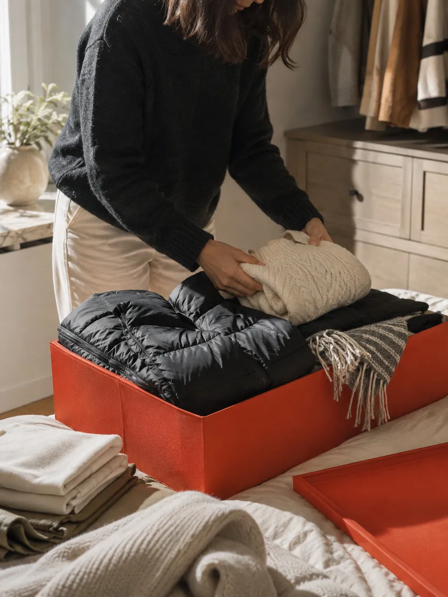 Femme rangeant pulls et couvertures dans une boîte pour le changement de saison