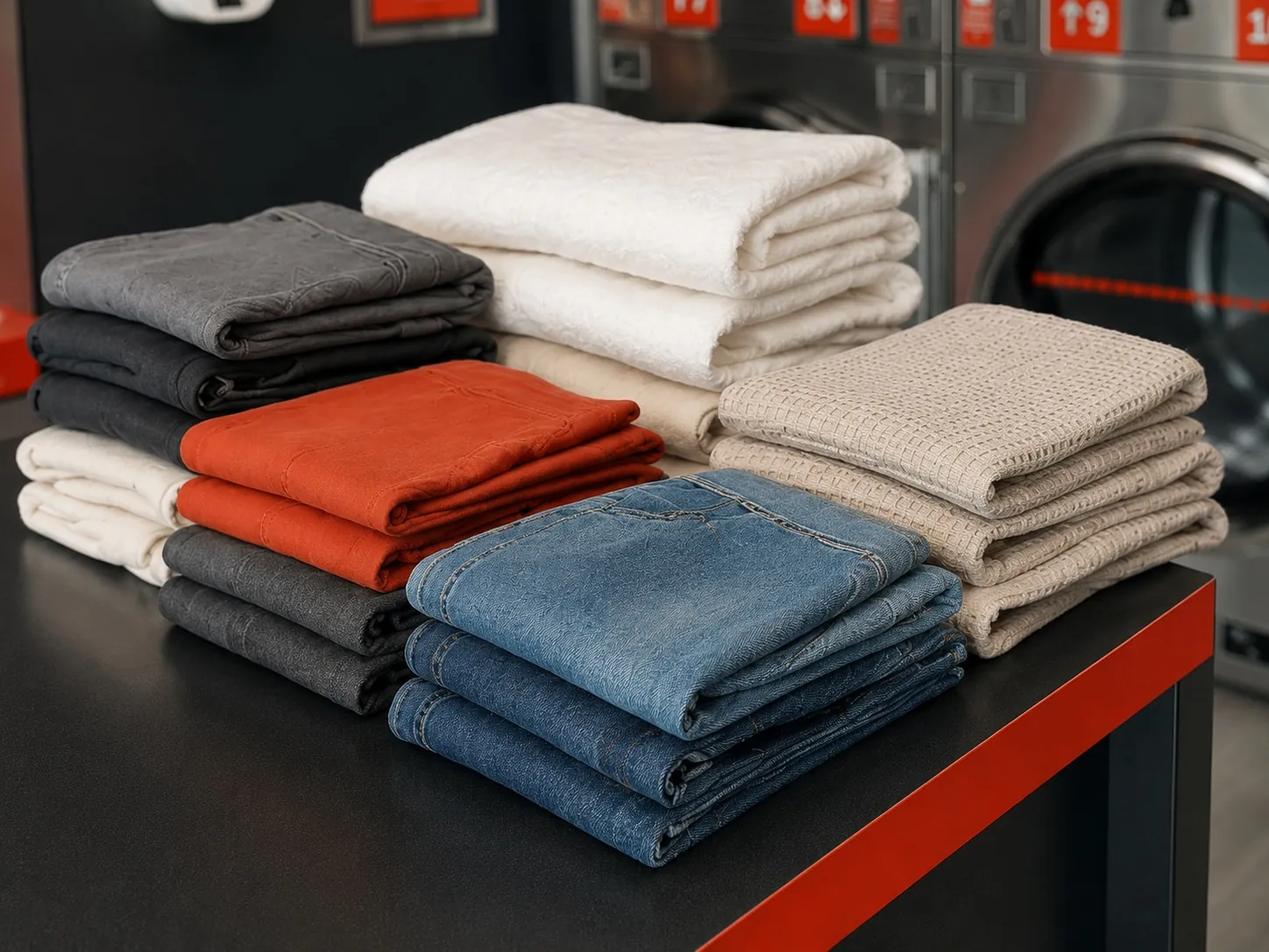 Linge propre et plié sur la table de pliage d'une laverie Gira Gira